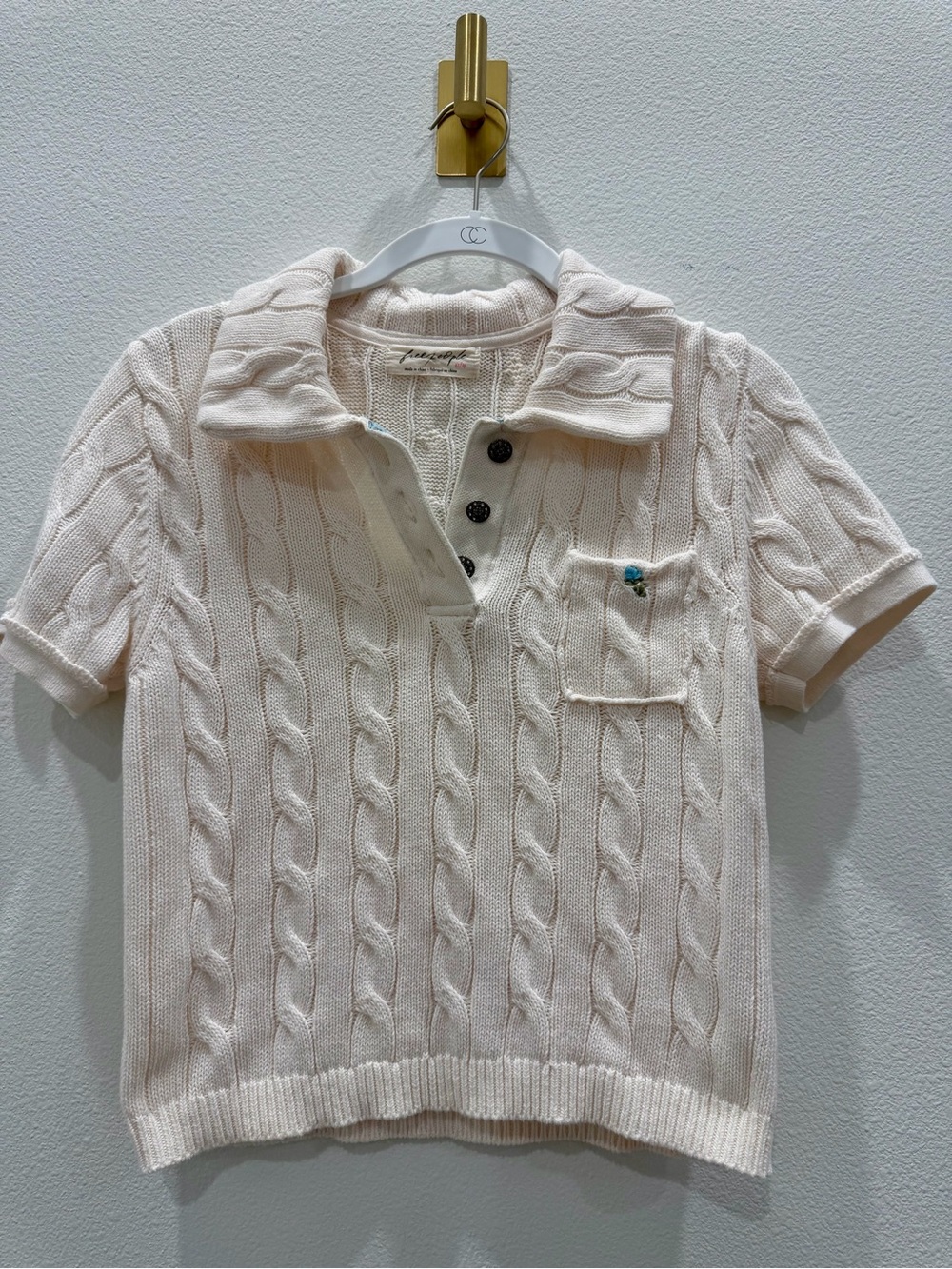 Free People Cream Cable Knit Short Sleeve Polo Sweater